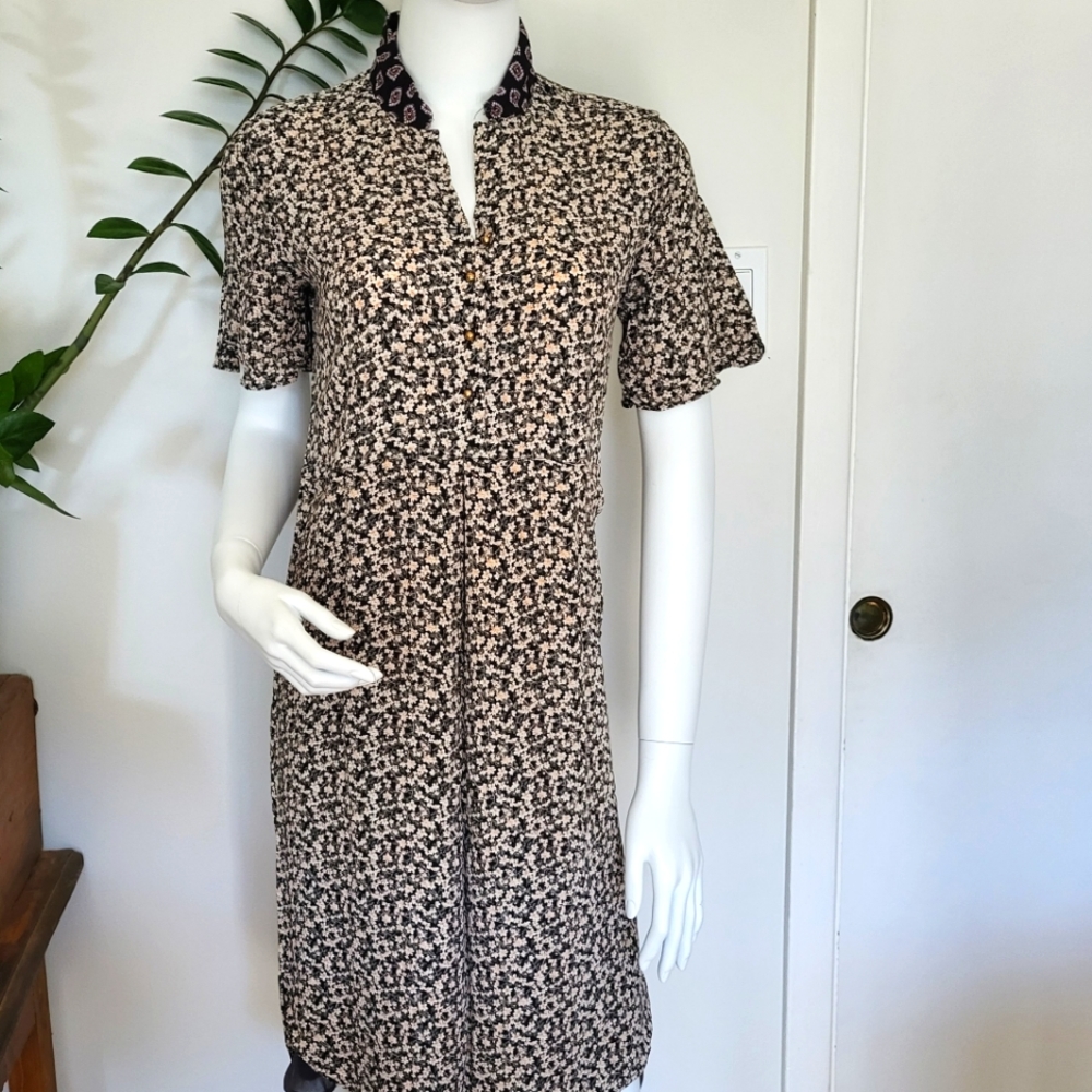 Noa Noa black calico floral print knee length ½ button lightweight dress Sz 8